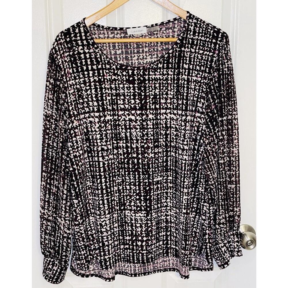 Calvin Klein Women's Black Purple & White Long Cuffed Sleeves Blouse Size XL